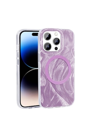Goocamp Apple Uyumlu iPhone 14 Pro Kılıf Magsafe Şarj Özellikli Fırça Boya Desenli Palet Kapak - Pembe