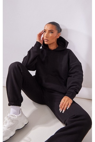 Basic Düz Eşofman Takımı Sweatshirt Jogger - Kapüşonlu Oversize Şardonlu Lastik Paça Siyah