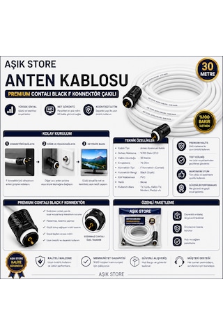 30 Metre Premium Anten Kablosu %100 Bakır İç İletken Contalı Black F Konnektör Çakılı Koaksiyel Tv Uydu Kablosu