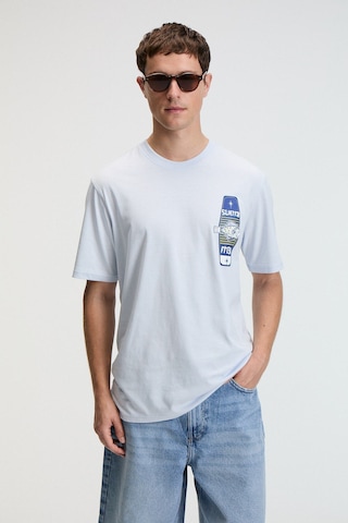Grımelange SAVOR Erkek Oversize %100 Pamuk Baskılı Yuvarlak Yaka Mavi T-Shirt