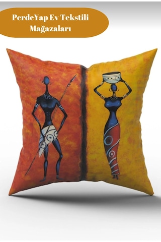 Afrika Etnik Figürlü Modern Tasarım Desenli 4lü Dijital Baskılı Kırlent Kılıfı 43 X 43 Cm 014 Kırmızı