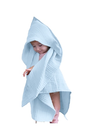 4 Katlı Müslin Kapşonlu Bebek Çocuk Banyo Havlusu Kundak Mavi