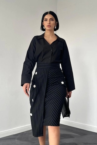Defymoda Siyah Çizgili Poliviskon Etek Siyah