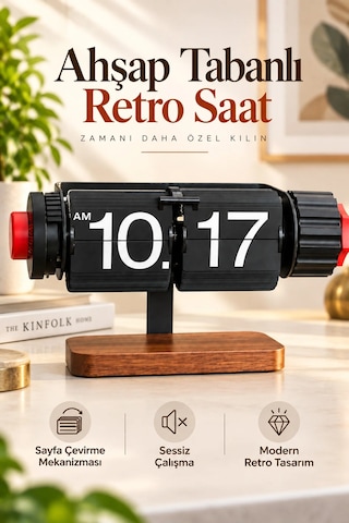 Exenar - Kahverengi - Sayfa Çevirmeli Retro Saat Ahşap Tasarım Flip Yaprak Masaüstü Mekanik Masa Saati Alarmlı Çalar Saat