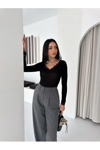 Efnaz Style Dantel Detaylı V Yaka Arkası V Yaka Kaşmir Dokulu Uzun Kollu Bluz - Vişne Çürüğü