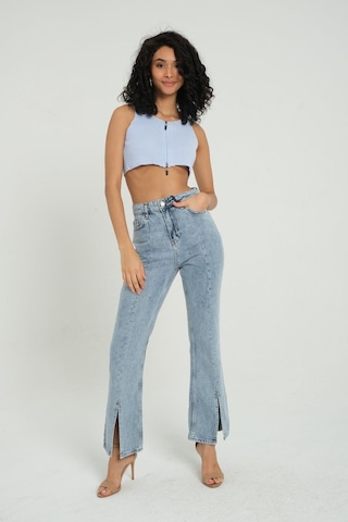 Hiccup V Yaka Fitilli Örme Fermuarlı Crop Top Mavi