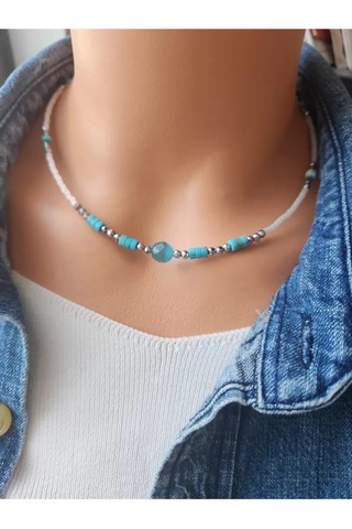 Doğaltaş Turkuaz-kedigözü-hematit Taşı Minimal Kolye Çok renkli