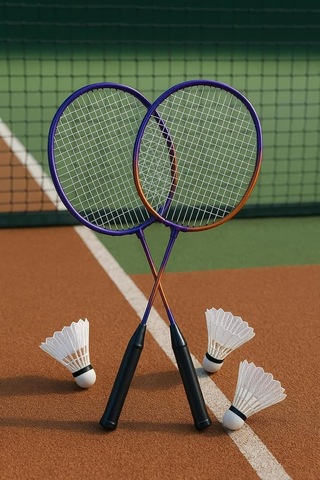 Çantalı Badminton Seti 2 Raket 3 Top Mor-turuncu, Tek Ebat, 593822179148sytm, Renkli