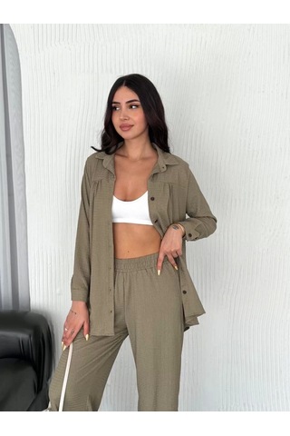 Yakalı Düğmeli Uzun Kollu Gömlek Pantolon İkili Takım - Bej Bej