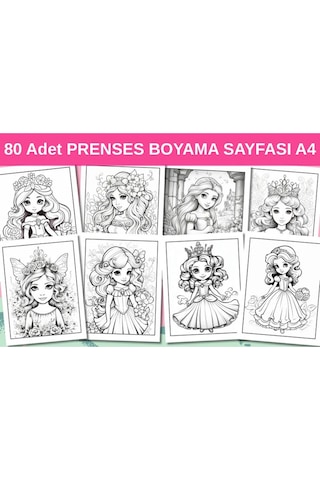 80 Adet Prenses Boyama Sayfası A4 Boyut, Kaliteli Basım,