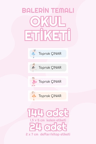Balerin Temalı Isimli Okul Etiketi Defter Kitap Kalem Sticker Set
