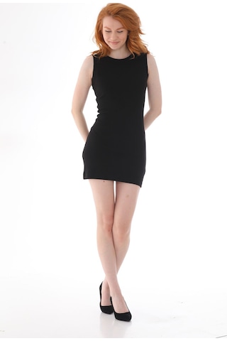 Kallima Siyah Kolsuz Diz Üstü Mini Fitilli Esnek Kalem Elbise Siyah