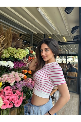 Fuşya Çizgili Manşet Detay T-shirt Çok Renkli