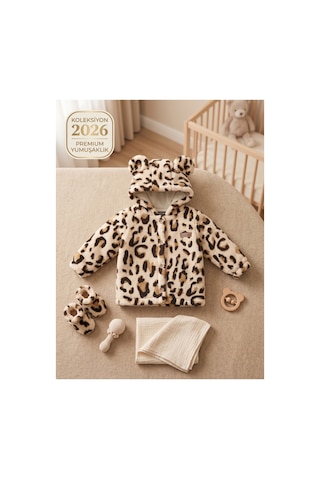 Deniva Kids Kız Çocuk Leopar Desenli Kulaklı Kapüşonlu Düğmeli Yumuşak Wellsoft Peluş Mont & Hırka Bej