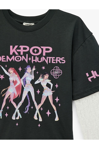 Koton Lisanslı Kpop Demon Hunters İblis Avcıları Baskılı Pamuklu Bisiklet Yaka Uzun Kollu Tişört Antrasit 7wkg10302ak