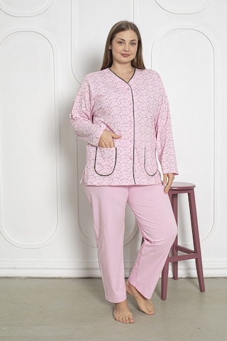 SEBOTEKS %100 Pamuklu Uzun Kollu Boydan Düğmeli Büyük Beden Kadın Pijama Takımı 206 Pembe