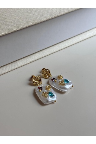 Barok İnci Detaylı Altın Kaplama Renkli Taşlı Küpe Altın