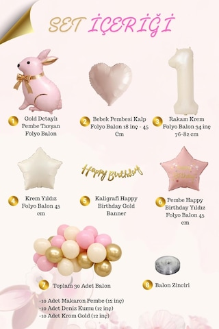 Pembe Tavşanlı 1 Yaş Doğum Günü Balon Seti