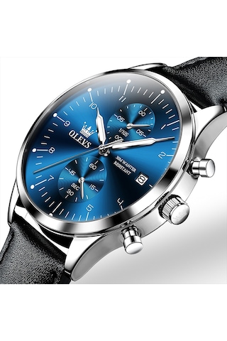 Olevs 2880 Erkekler Çok Fonksiyonlu İş Su Geçirmez Deri Kayış Kuvars İzle Mavi