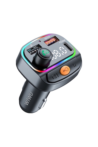 Wiwu Wi-qc031 Rgb Bluetooth Transmitter Mp3 Type-c Ve Usb-a Araç Şarjı Siyah