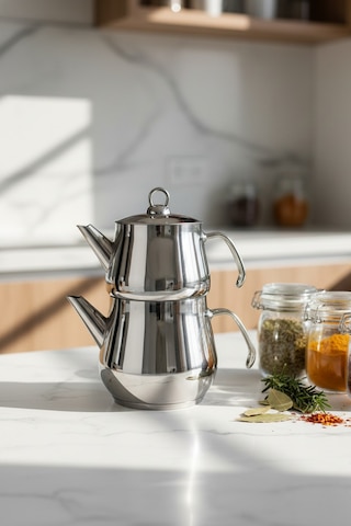 Yunusoğlu Home Aletta Büyük Boy Paslanmaz Çelik Çaydanlık Metal Kulp Aile Boy Kullanım 1.6l+2.5l Gri