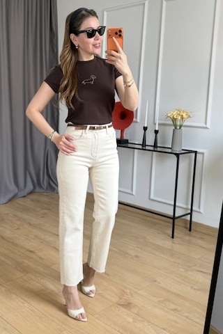 Viyan Butik Yuvarlak Yaka Taşlı T-shirt Kahverengi