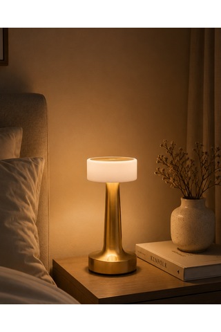 Gold Kare Led Masa Lambası Şarjlı Dimmer Kontrollü Dekoratif Işık - Lisinya Beyaz