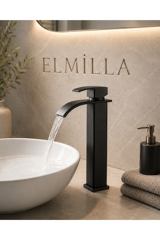Lüx Krom Premium Mat Siyah Şelale Çanak Lavabo Bataryası Çift Su Girişli Modern Musluk