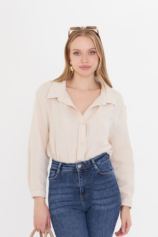 Kadın Oversize Basic Cepli Müslin Gömlek Bej