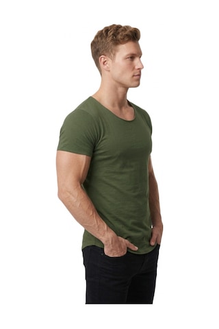 Deepsea Erkek Haki Geniş Yaka Likralı Tişört Oval Yaka Slim Fit Eteği Oval Açık Yaka T-shirt 1801199 Haki