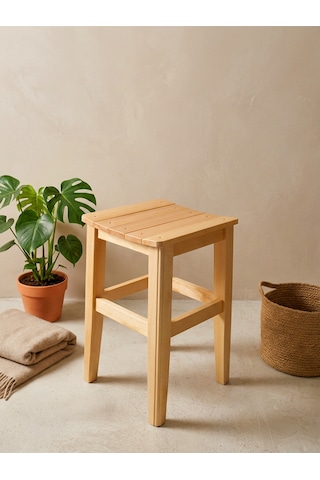 Doğal Ahşap Tabure El Yapımı Çıtalı 45 Cm Rustik Tasarım, Sağlam Ve Estetik Naturel