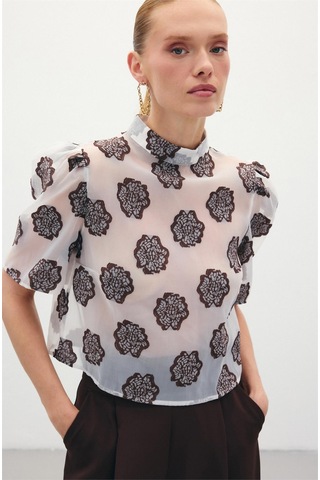 Sateen Organze Kısa Kol Bluz - Kahve-136322 Kahve
