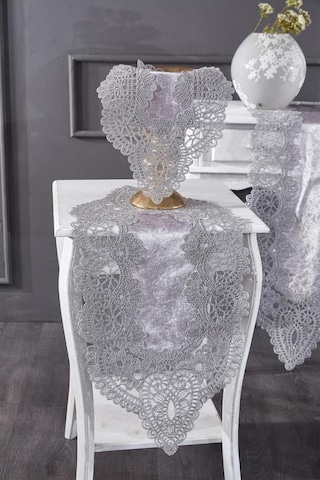 Fransız Güpürlü Kadife Luna Salon Takımı 5 Parça Gri Gri