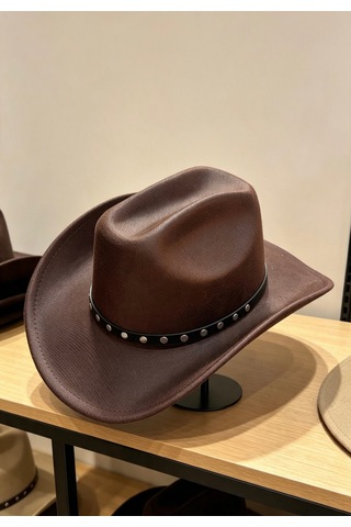 Gigi Luxe Erkek Kovboy Şapkası Keçe Western Deri Bantlı Kahverengi Kahverengi