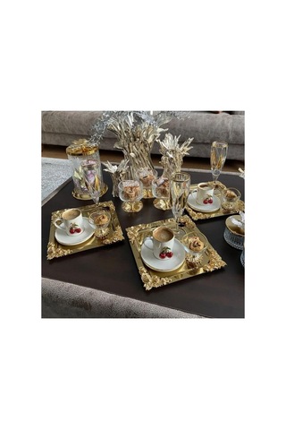 6'li Kahve & Çay & Sunum Tepsisi Metal Döküm Gül Model Gold Çok Renkli