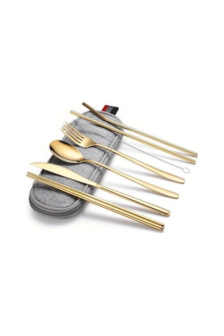 Katlanır Sofra 304 Paslanmaz Çelik Kore Bıçak Çatal Kaşık Çubuklarını Saman Taşınabilir Sofra Seti Seyahat Çubuklarını Altın