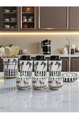 Çeyiz Seti - 104 Zebra At Desen Mutfak Seti Gümüş Siyah