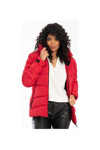 Kadın Kırmızı Kapüşonlu Içi Polarlı Kürklü Su Geçirmez Rüzgara Dayanıklı Şişme Mont Kırmızı
