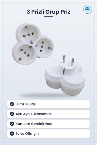 Grup Priz 3 Prizli Çoklu Adaptör Elektrik Çoklayıcı Ev Ve Ofis İç