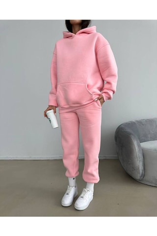 Baskısız Eşofman Takımı Sweatshirt Jogger - Pembe Oversize Şardonlu Kapüşonlu Pembe