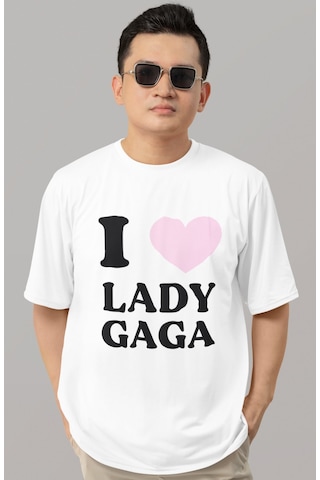 Sevbano Tasarım I Love Lady Gaga Şarkıcı Baskılı Unisex Oversize Tişört Beyaz