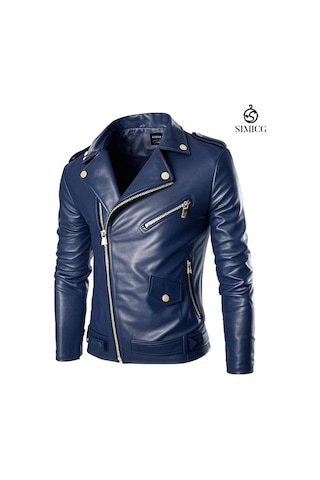 Erkek Deri Ceketler Büyük Beden Motosiklet Deri Montları Koyu Mavi
