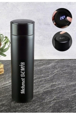 Lazer İşlemeli Paslanmaz Çelik Kişiye Özel İsim Yazılı Dijital Ekran Sıcak Soğuk Termos İçecek 500ml Siyah