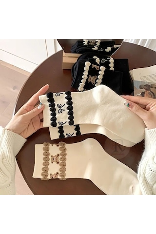 Trampler 4 Çift Kadın Pikotlu Ayıcık Desenli Renkli Çorap Kadın Mevsimlik Desenli Çorap Çok Renkli