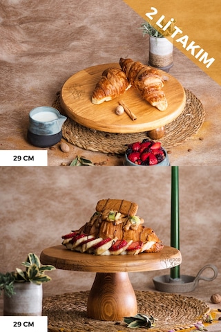 2 Li Risus&lucca Top Ayaklı 29 Cm Ve 29 Ahşap Pasta Sunum Tabağı