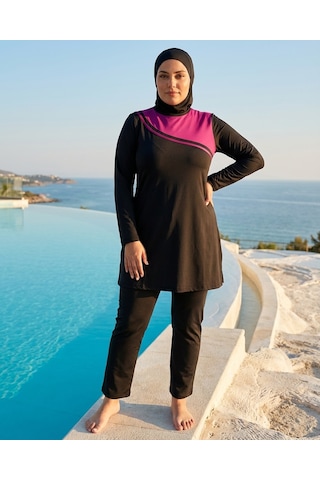 Pierre Cardin Büyük Beden Sıfır Yaka Düz Paça İç Giyimli Çift Boneli Kadın Tesettür Mayo Siyah