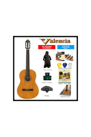 Valencia Vc204 4/4 Klasik Gitar + Kılıf + Pena + Akort Cihazı Mavi