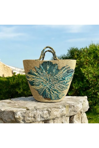 Hasır Çanta, Plaj Çantası, Tasarım Çanta, Yeşil Desenli El Çantası Yeşil - Kahverengi