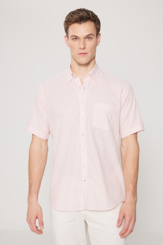 AC&Co / Altınyıldız Classics Erkek Pembe Comfort Fit Düğmeli Yaka %100 Pamuk Flamlı Kısa Kollu Casual Gömlek 4A2022200132PMBS Pembe