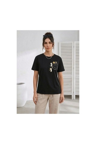 Butik İstanbul Sevimli Kedi Cep Baskılı Tişört Kısa Kol Yazlık T-shirt - Siyah